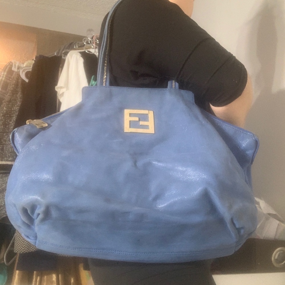 Fendi jumbo Blue suede shoulder bag authentic Metallic Nubuck Chains Tote - Picture 10 of 10